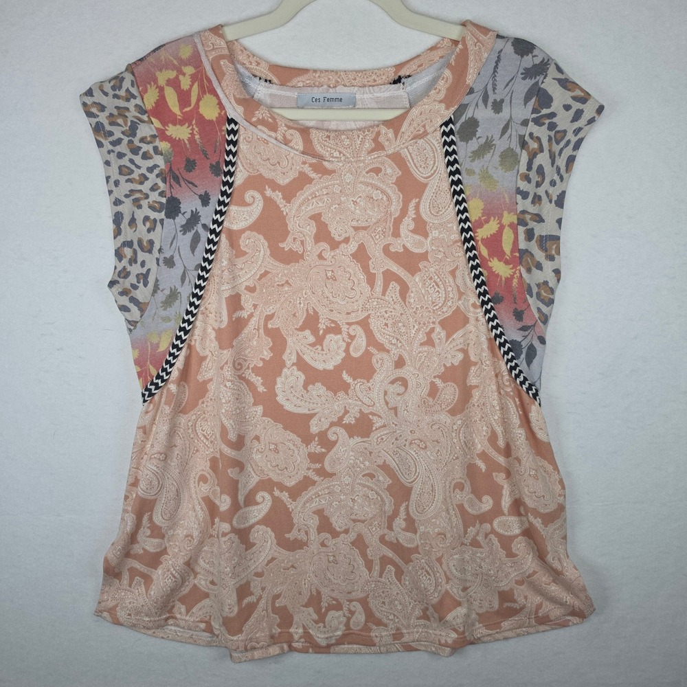 Ces Femme Mixed Print Paisley Leopard Floral Top Orange Brown Medium